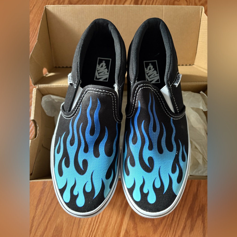 Vans Asher slip on Kids' Black and Blue Flame Sneakers